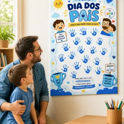 Cartaz comemorativo do Dia dos Pais com desenhos e mensagens de agradecimento.
