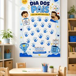 Cartaz comemorativo do Dia dos Pais com desenhos e mensagens de amor.