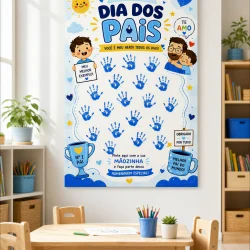 Cartaz comemorativo do Dia dos Pais com desenhos e mensagens de amor.