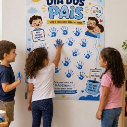 Cartaz comemorativo do Dia dos Pais com mãos pintadas de crianças e mensagens de amor.