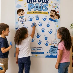 Cartaz comemorativo do Dia dos Pais com mãos pintadas de crianças e mensagens de amor.