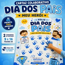 Cartaz colaborativo para o Dia dos Pais com mãos pintadas e mensagem de amor.