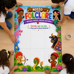 Cartaz colorido do folclore brasileiro com crianças participando.