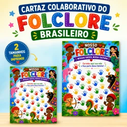 Cartaz colorido do folclore brasileiro com crianças e elementos culturais.