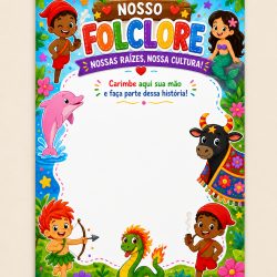 Cartaz colorido do folclore brasileiro com personagens e elementos culturais.