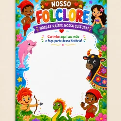 Cartaz colorido do folclore brasileiro com personagens e elementos culturais.