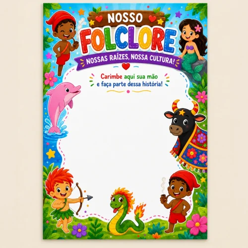 Cartaz colorido com personagens do folclore brasileiro e espaço para história.