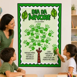 Cartaz do Dia da Árvore com pegadas verdes e mãos de crianças.