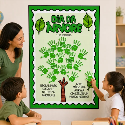 Cartaz do Dia da Árvore com pegadas verdes e mãos de crianças.