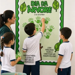 Cartaz do Dia da Árvore com mãos verdes e crianças participando.