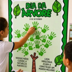 Cartaz do Dia da Árvore com mãos verdes e mensagem de preservação.
