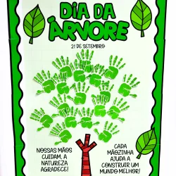Cartaz do Dia da Árvore com mãos verdes e mensagem de preservação.