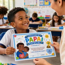 Criança recebendo certificado de pai especial na sala de aula.