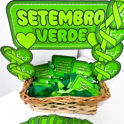 Cesta com recadinhos e símbolos do Setembro Verde para conscientização.