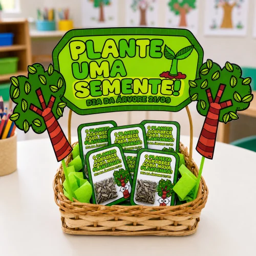 Cesta com lembrancinhas e tema de árvores para o Dia da Árvore.