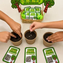 Crianças plantando sementes em vasos de papel para educação ambiental.