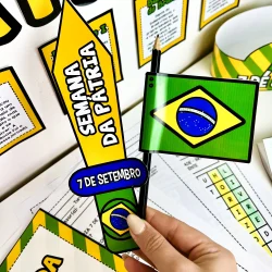 Material educativo sobre a Independência do Brasil com tema da bandeira brasileira.