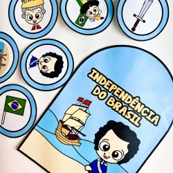 Ilustração de personagem histórico e símbolos da independência brasileira.