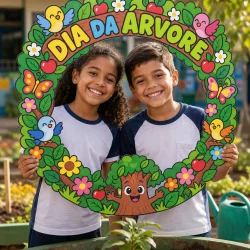 Crianças segurando moldura decorativa do Dia da Árvore com tema ecológico.