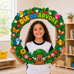 Criança segurando moldura colorida com tema Dia da Árvore e animais.