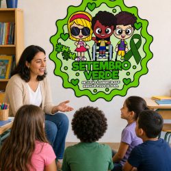 Painel com personagens e símbolo da campanha Setembro Verde.