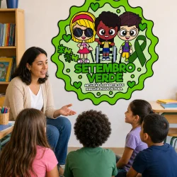 Painel com personagens e símbolo da campanha Setembro Verde.