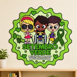 Painel de conscientização Setembro Verde com crianças e símbolo de inclusão.