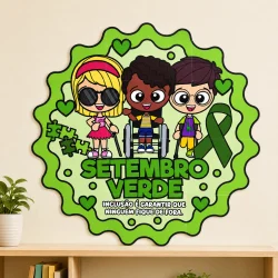 Painel de conscientização Setembro Verde com crianças e símbolo de inclusão.