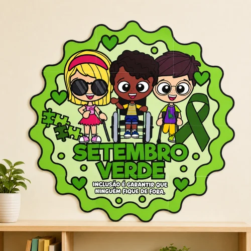 Painel de conscientização Setembro Verde com crianças e símbolo de inclusão.