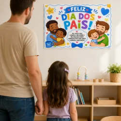 Pai e filha segurando as mãos diante de painel de Dia dos Pais colorido.