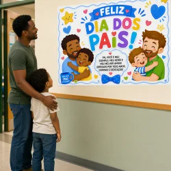 Família comemorando o Dia dos Pais na escola com cartaz colorido.