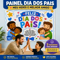 Painel comemorativo do Dia dos Pais com crianças e pais felizes.