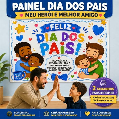 Painel comemorativo do Dia dos Pais com crianças e pais felizes.