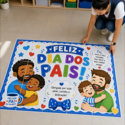 Painel comemorativo do Dia dos Pais com desenhos de pais e filhos felizes.