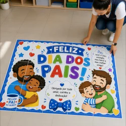 Painel comemorativo do Dia dos Pais com desenhos de pais e filhos felizes.