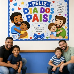 Painel comemorativo de Dia dos Pais com mensagem e desenhos coloridos.