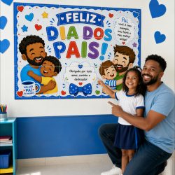 Família feliz com painel de Dia dos Pais em sala de aula.