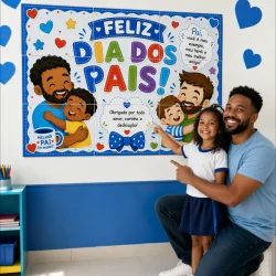 Família feliz com painel de Dia dos Pais em sala de aula.