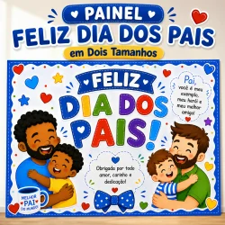 Painel comemorativo do Dia dos Pais com crianças e pais em dois tamanhos.