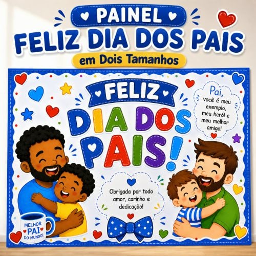 Painel comemorativo do Dia dos Pais com crianças e pais em dois tamanhos.