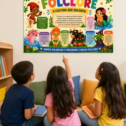 Painel educativo sobre folclore brasileiro com personagens tradicionais.
