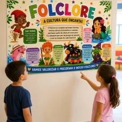 Painel educativo sobre folclore brasileiro com personagens tradicionais.