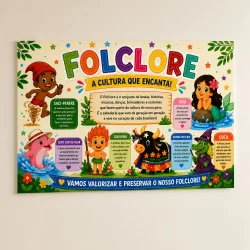 Painel com personagens do folclore brasileiro e elementos culturais.