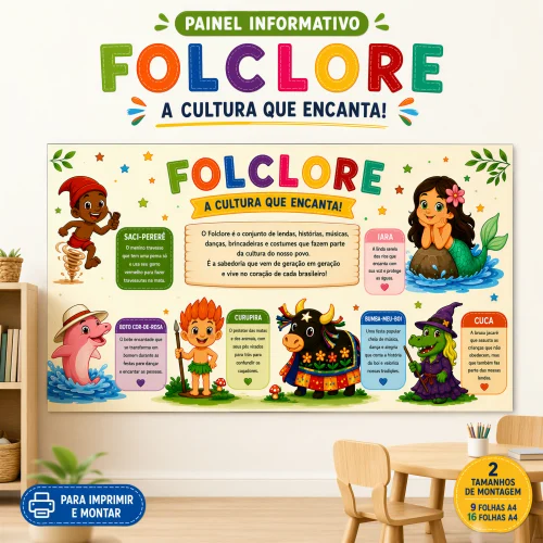 Painel informativo de folclore brasileiro com personagens tradicionais.