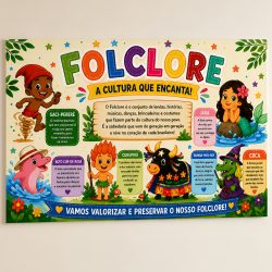 Painel colorido com personagens folclóricos brasileiros e elementos culturais.