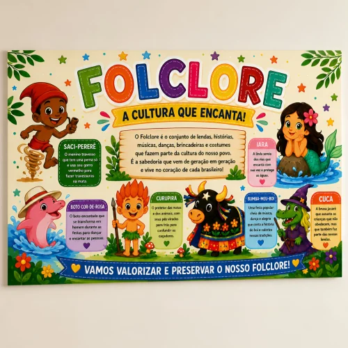 Painel colorido com personagens folclóricos brasileiros e elementos culturais.