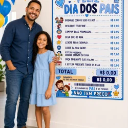 Painel comemorativo do Dia dos Pais com lista de atividades e mensagens.