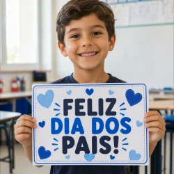 Menino feliz segurando cartaz de Feliz Dia dos Pais na sala de aula.