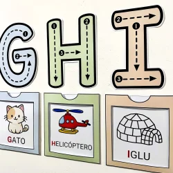 Letra G, H, I com exemplos de palavras e imagens educativas.