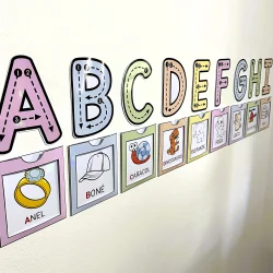 Alfabeto de parede com letras coloridas e figuras educativas.